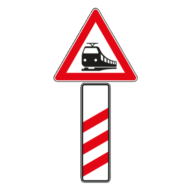 Verkehrszeichen VZ 156-10 |  Bahnübergang mit dreistreifiger Bake, Aufstellung rechts 
