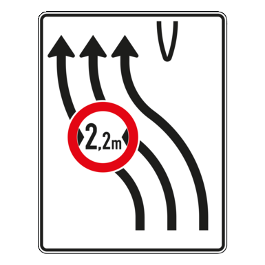 Verkehrszeichen VZ 505-12 | Überleitungstafel ohne Gegenverkehr mit integriertem Zeichen 264, 3-streifig nach links