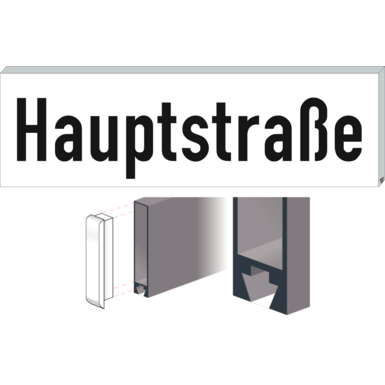 Straßennamenschild SNS | einseitig weiß/schwarz | seitliche Befestigung | Schwalbenschwanzprofil 