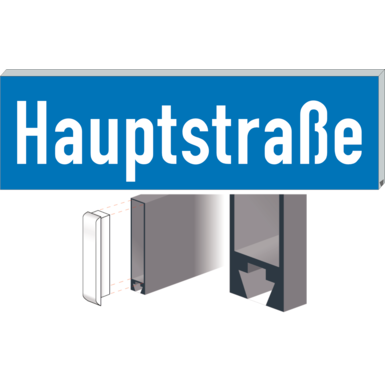 Straßennamenschild SNS | einseitig blau/weiß | seitliche Befestigung | Schwalbenschwanzprofil 