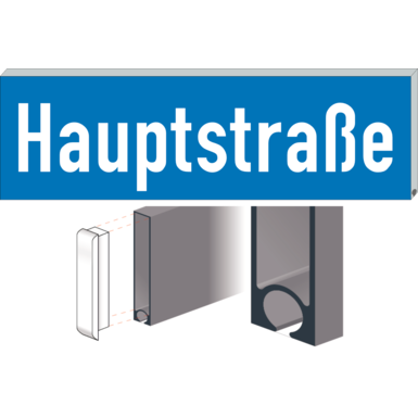 Straßennamenschild SNS | einseitig blau/weiß | seitliche Befestigung | Omegaprofil