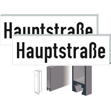 Straßennamenschild SNS | doppelseitig weiß/schwarz | Schwalbenschwanzprofil 
