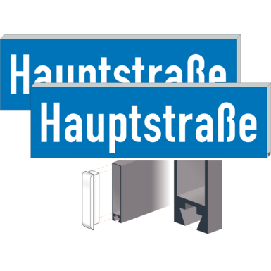 Straßennamenschild SNS | doppelseitig blau/weiß | Schwalbenschwanzprofil 